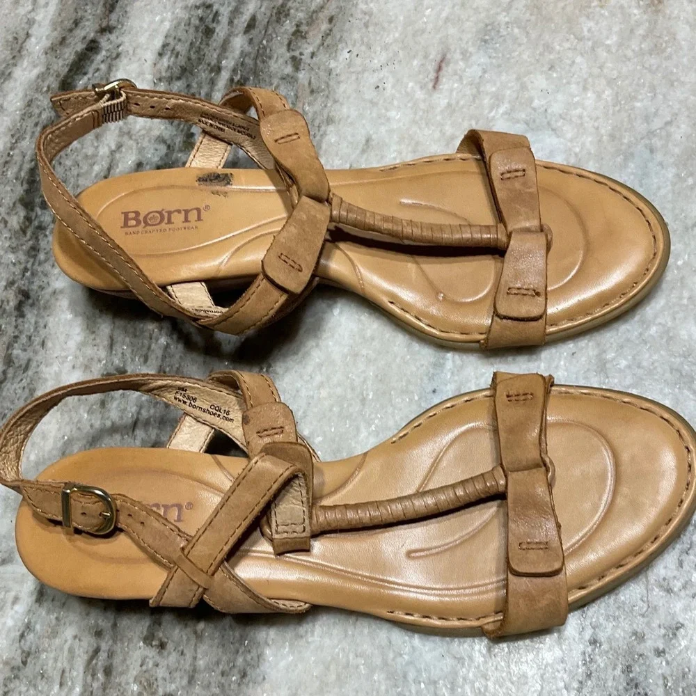 Born Sandals Womens 8 Leather T-Strap Wedge Tan Boho Summer CQL16